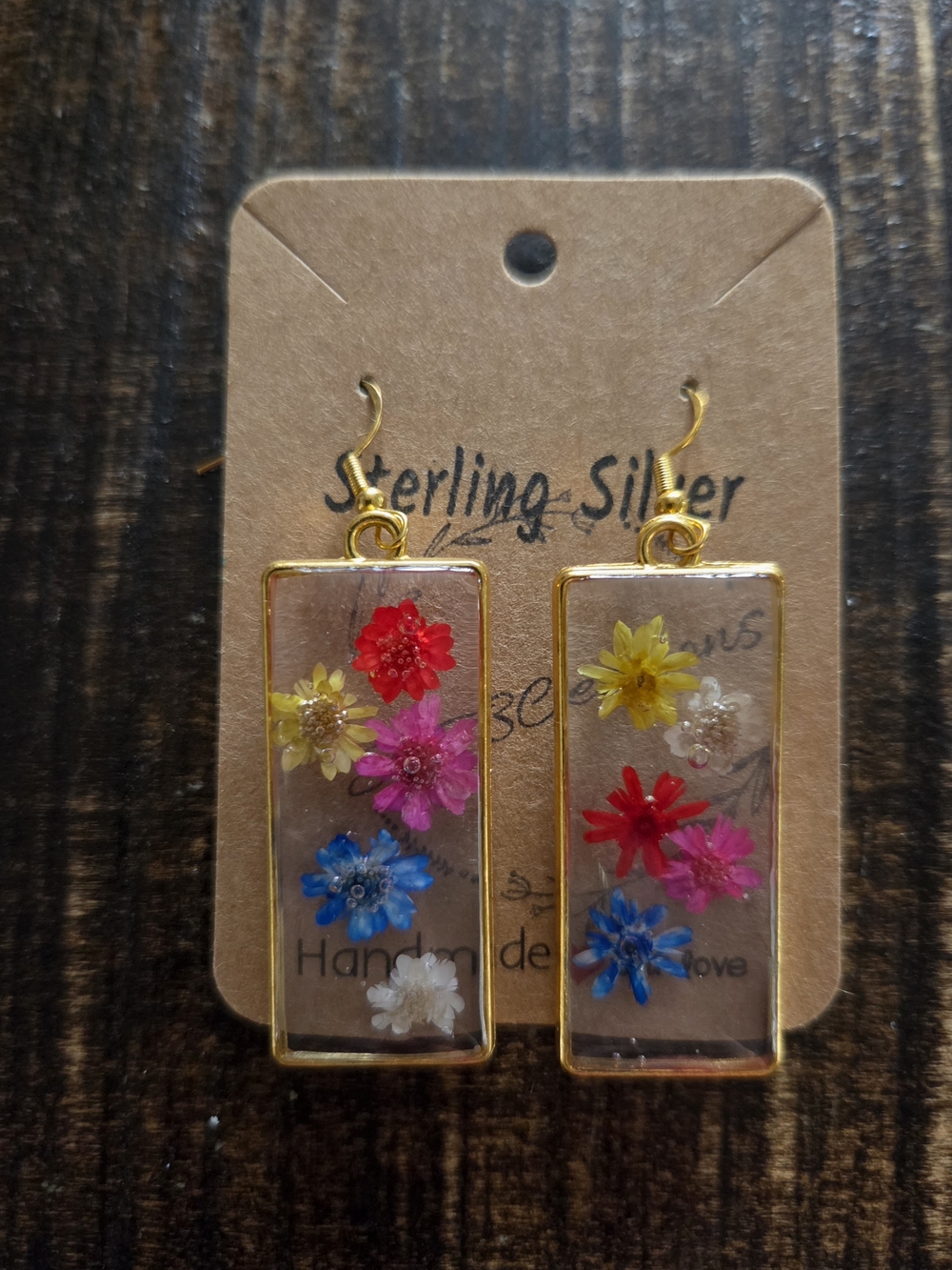 New Never Worn Handmade Dangl Gold-Frame Floral Resin Drop Earrings - Multicolor